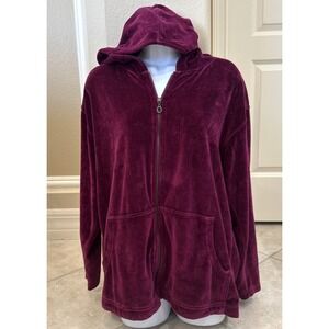 VTG Cotton Country Velour Full Zip Jacket Coat Woman Sz L Purple Pockets Casual